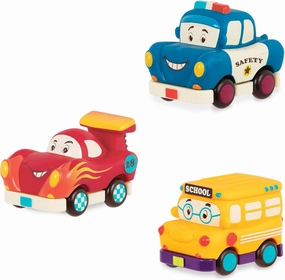 B. toys- Mini Wheeee-ls!- 3 pc Mini Pull-Back Vehicles Set, Bus & Cars, Multi, Hot Rod, School Bus, Police Car- 1 year  