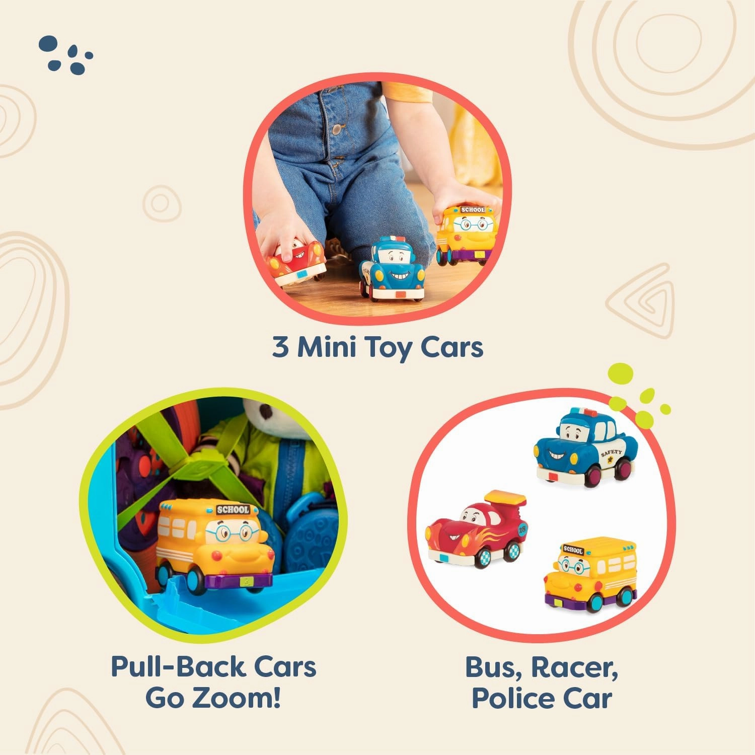 B. toys- Mini Wheeee-ls!- 3 pc Mini Pull-Back Vehicles Set, Bus & Cars, Multi, Hot Rod, School Bus, Police Car- 1 year  