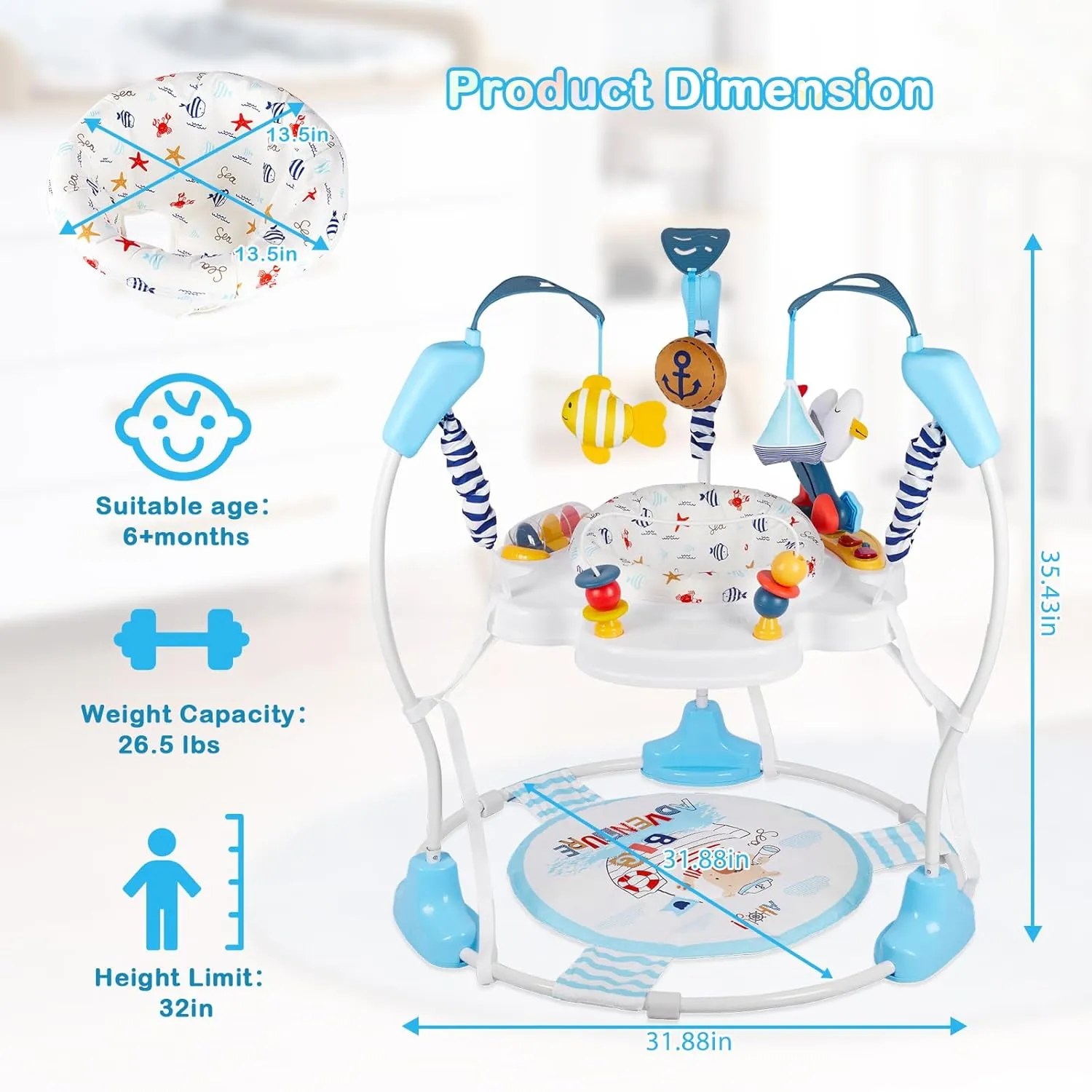 Baby Activity Center, Infant Jumpers and Bouncers with Music, Lights, Infant Toys, 360°Rotating Seat, 3 Adjustable Heights, Baby Play and Learning Center for 6  Months