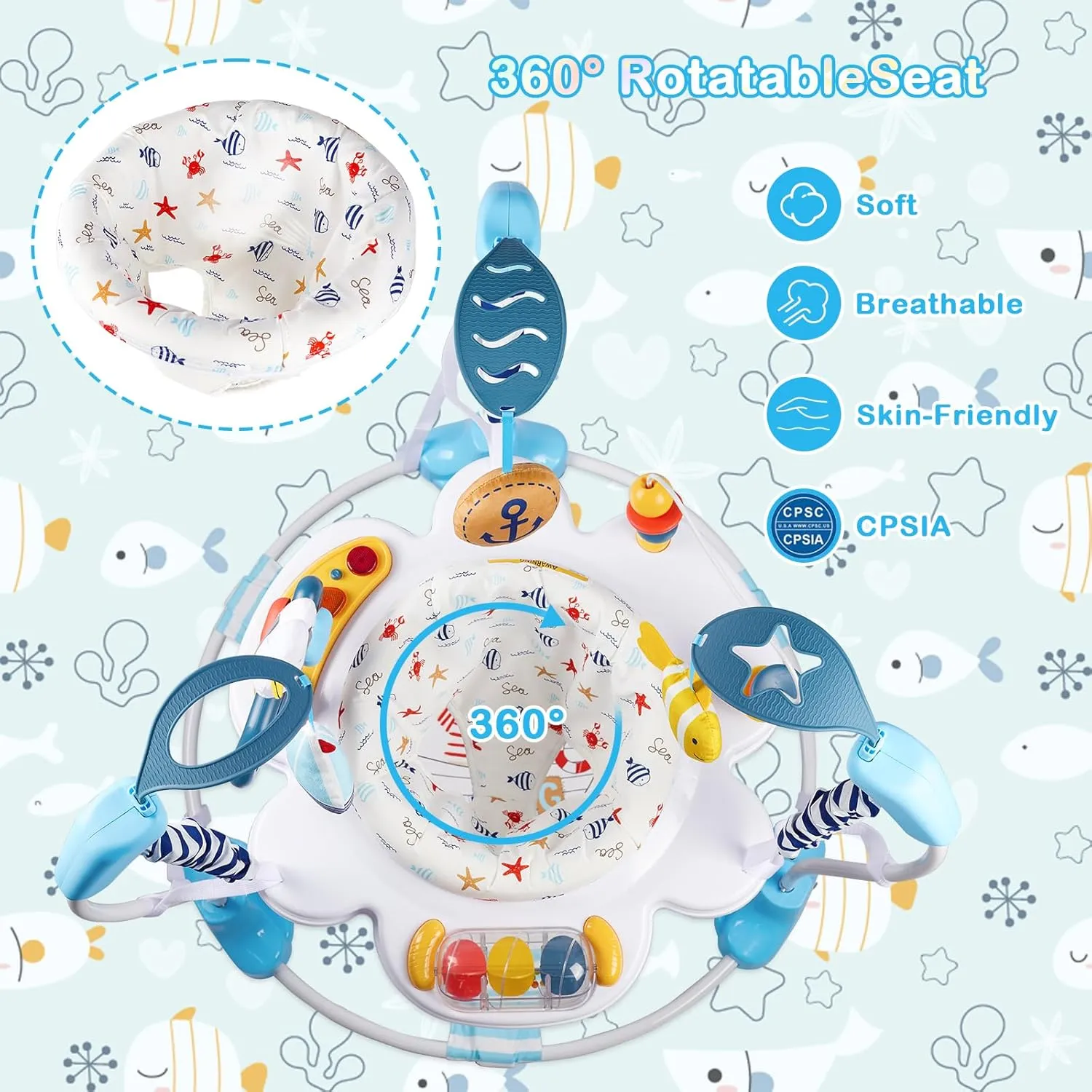 Baby Activity Center, Infant Jumpers and Bouncers with Music, Lights, Infant Toys, 360°Rotating Seat, 3 Adjustable Heights, Baby Play and Learning Center for 6  Months