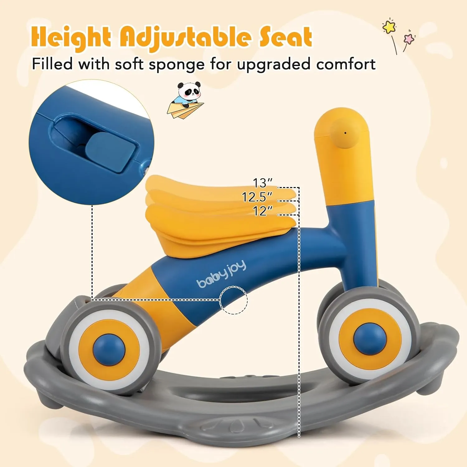 BABY JOY 3 in 1 Rocking Horse, Kids Ride on Toy Balance Bike w/ 4 Smooth Wheels, Detachable Balance Board and Height Adjustable Seat, Baby Rocking Toy for Boys Girls 1-3 Years Old (Navy Yellow)