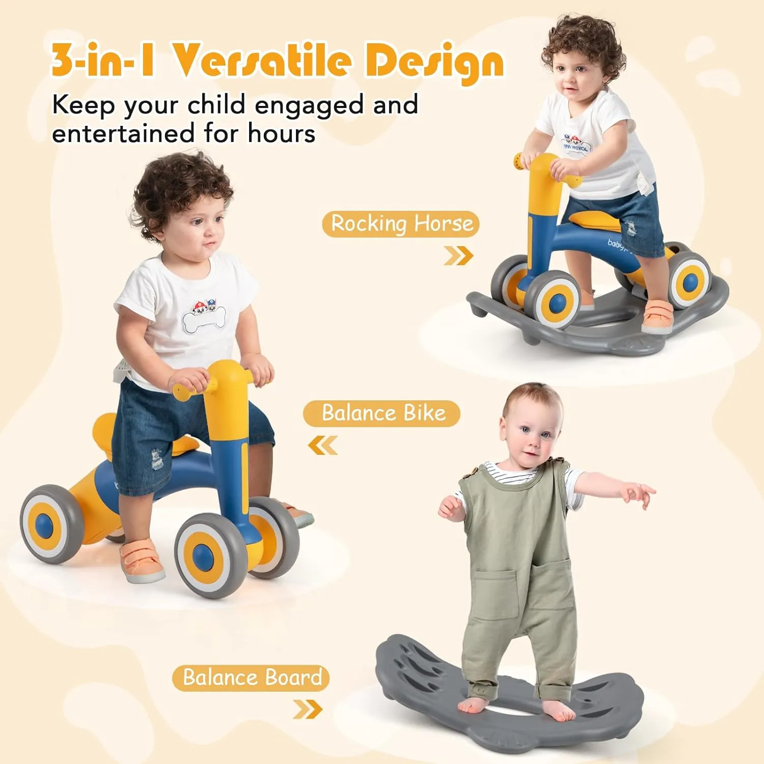 BABY JOY 3 in 1 Rocking Horse, Kids Ride on Toy Balance Bike w/ 4 Smooth Wheels, Detachable Balance Board and Height Adjustable Seat, Baby Rocking Toy for Boys Girls 1-3 Years Old (Navy Yellow)