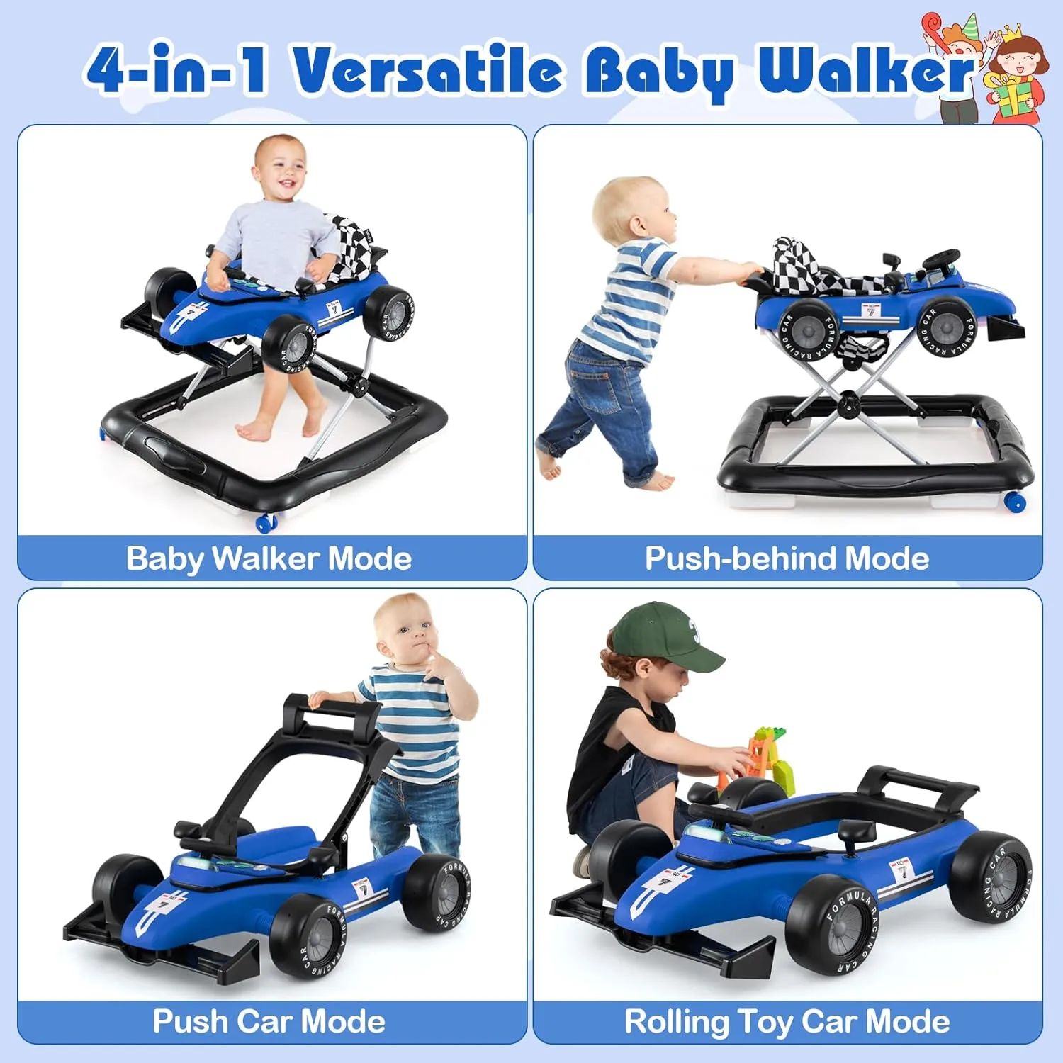 BABY JOY 4-in-1 Baby Walker, Foldable Activity Walker with Push Mode, Adjustable Height, Lights, Anti-Rollover, Baby Walker with Wheels for Boys Girls 6-18 Months (Blue)