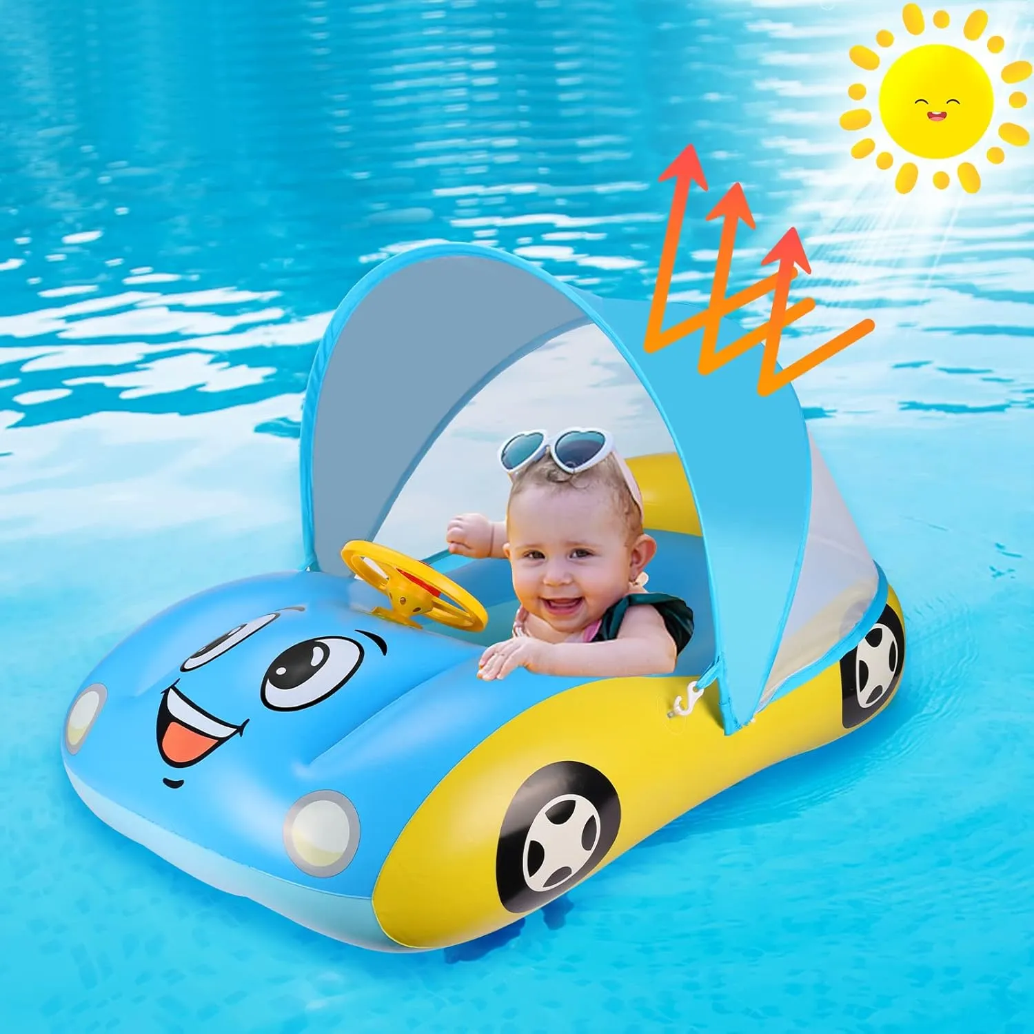 Baby Pool Float With UPF50  Adjustable Canopy, Inflatable Car Boat Swim Float for Toddlers and Infants 18-36 Months