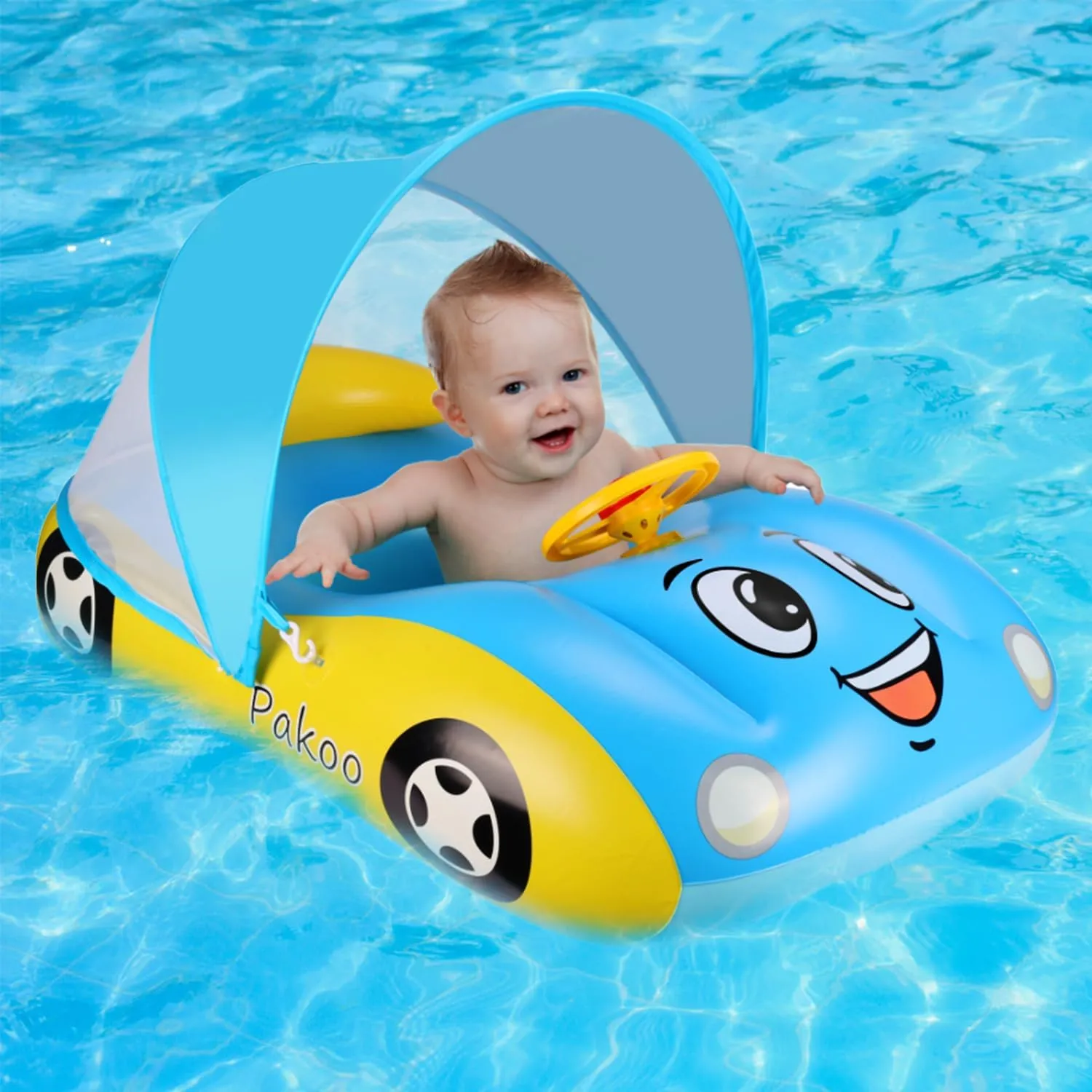 Baby Pool Float With UPF50  Adjustable Canopy, Inflatable Car Boat Swim Float for Toddlers and Infants 18-36 Months