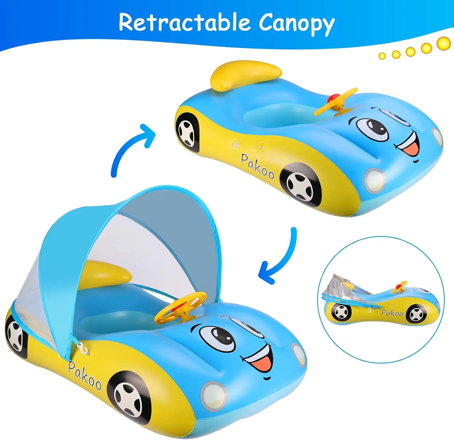 Baby Pool Float With UPF50  Adjustable Canopy, Inflatable Car Boat Swim Float for Toddlers and Infants 18-36 Months