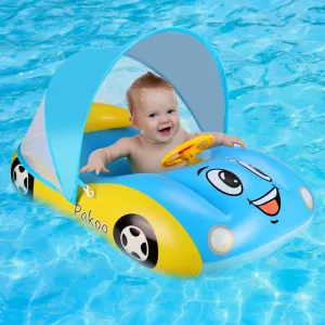 Baby Pool Float With UPF50  Adjustable Canopy, Inflatable Car Boat Swim Float for Toddlers and Infants 18-36 Months