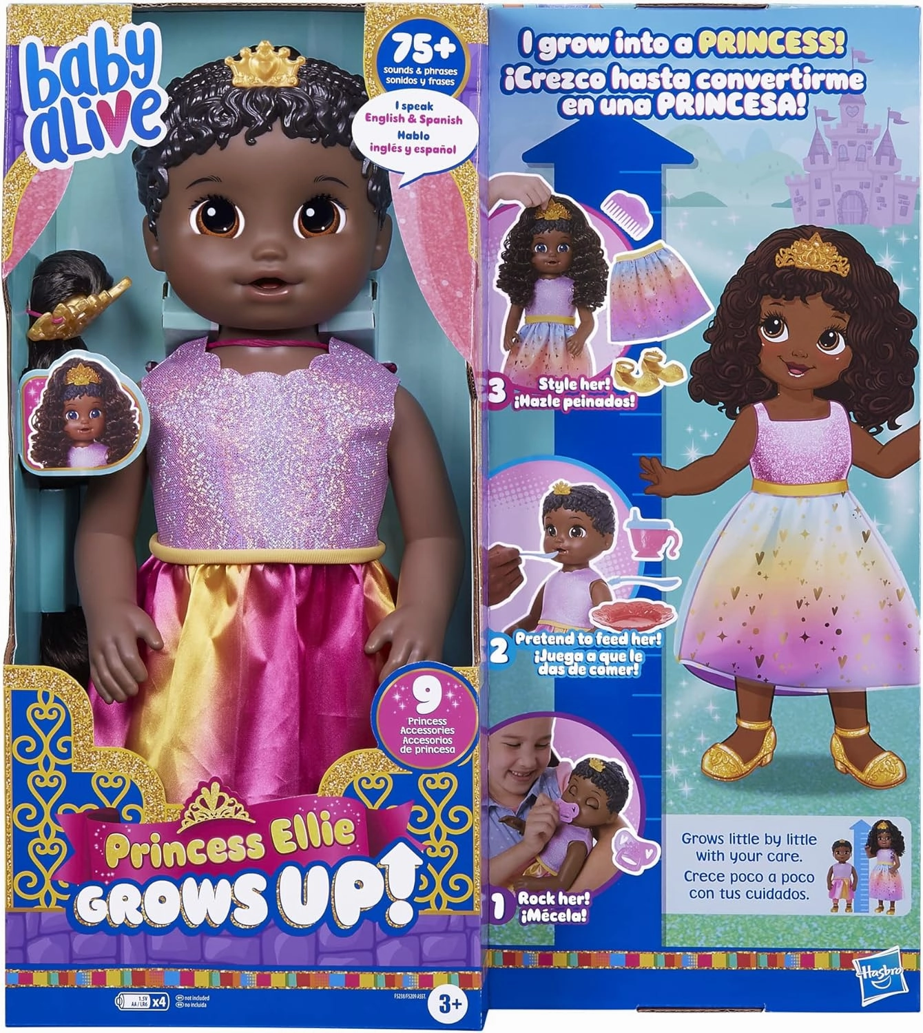 Baby Alive Princess Ellie Grows Up! Black Hair Doll for 3 Year Old Girls and Boys and Up, 18-Inch