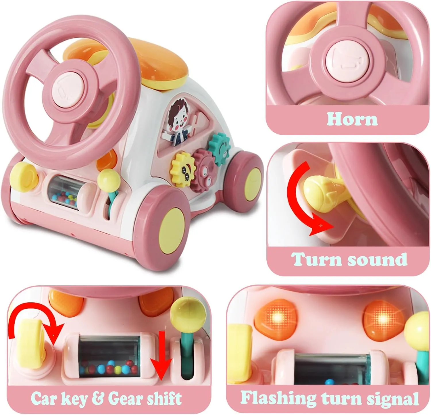 BAOLI Baby Toddler Crawling Toys for Boy Girl 6 12 18 Months Steering Wheels Telephone Music Lights 1 2 Year Old Gift Early Educational Learning Multi-Functional Musical Car Toy Pink