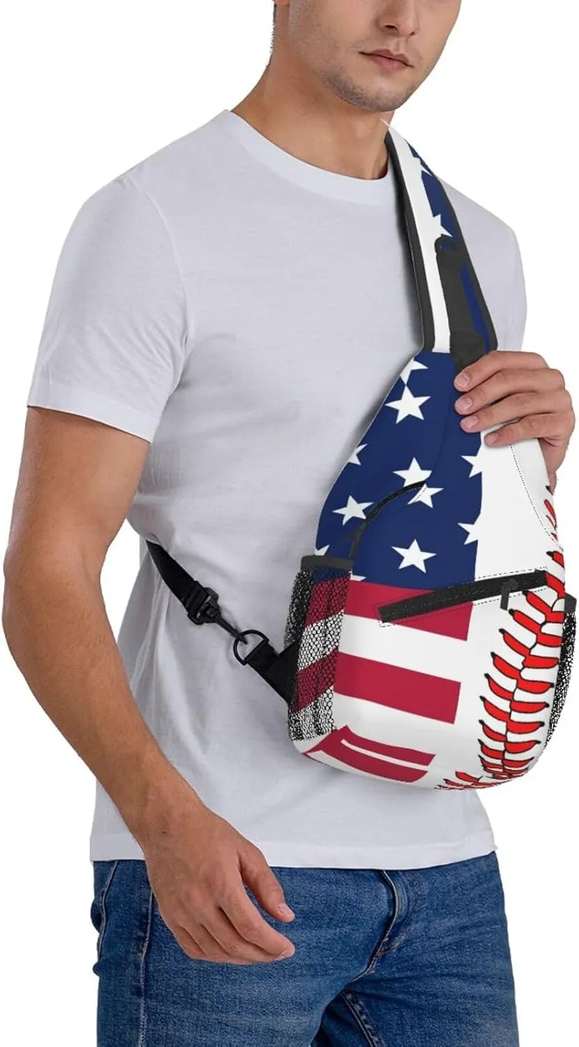 Baseball American Flag Outdoor Crossbody Shoulder Bag For Unisex Young Adult Hiking Bicycling