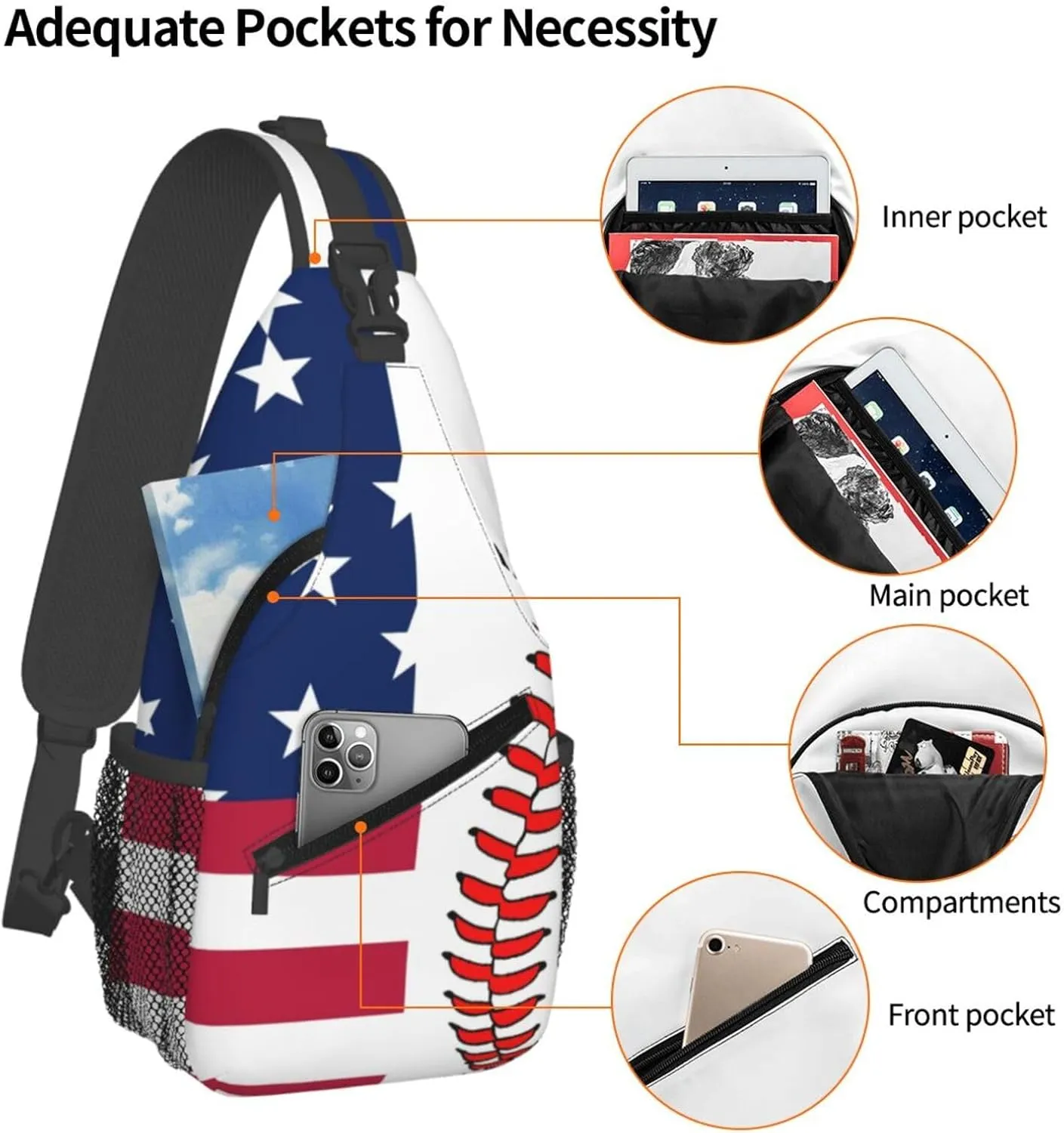 Baseball American Flag Outdoor Crossbody Shoulder Bag For Unisex Young Adult Hiking Bicycling