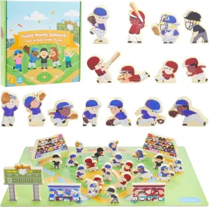 Baseball Blocks Toy Playset, Wooden Baseball Action Figures with Assembly Ballpark, Baseball Learning Toys, Mini Baseball Games, Baseball Player Figurines, Gift for Baby Toddlers Kids Children