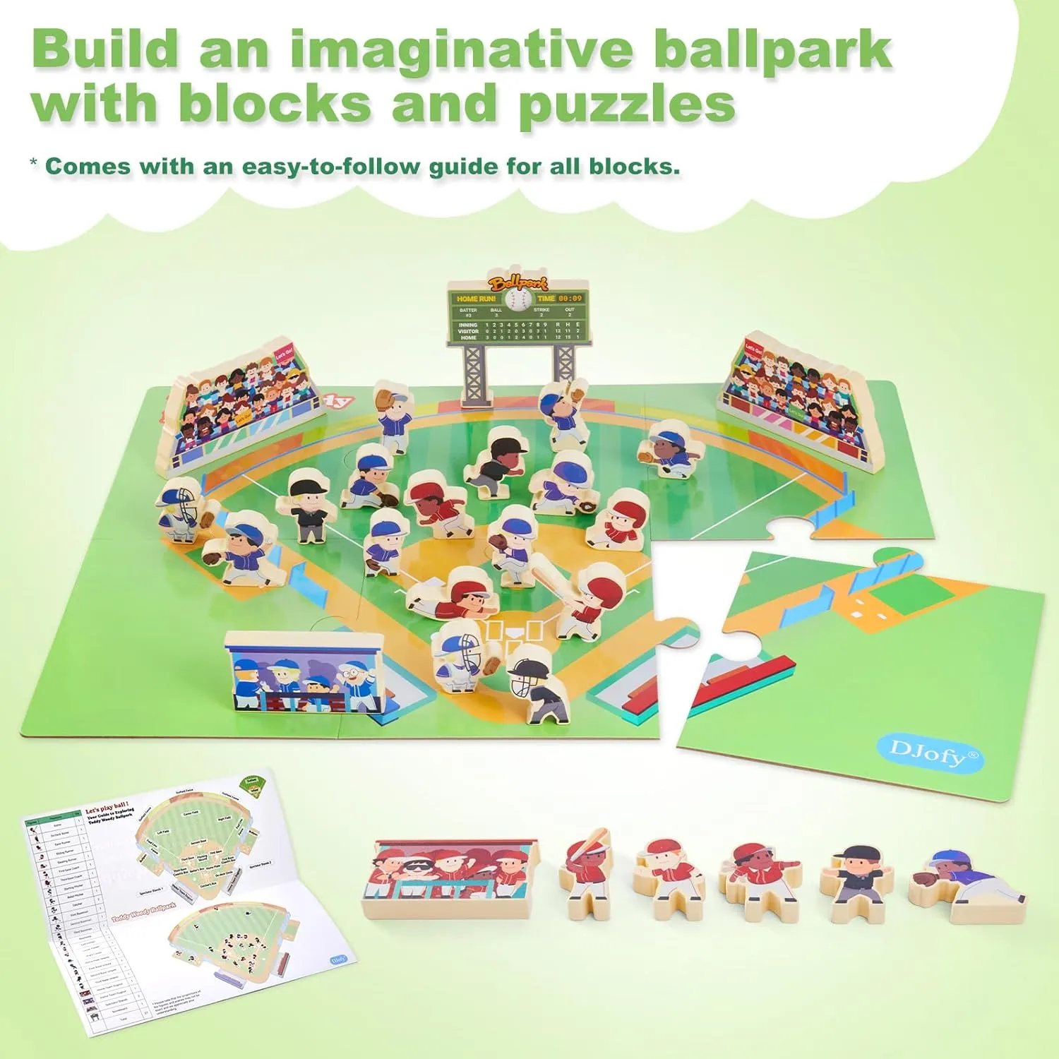 Baseball Blocks Toy Playset, Wooden Baseball Action Figures with Assembly Ballpark, Baseball Learning Toys, Mini Baseball Games, Baseball Player Figurines, Gift for Baby Toddlers Kids Children
