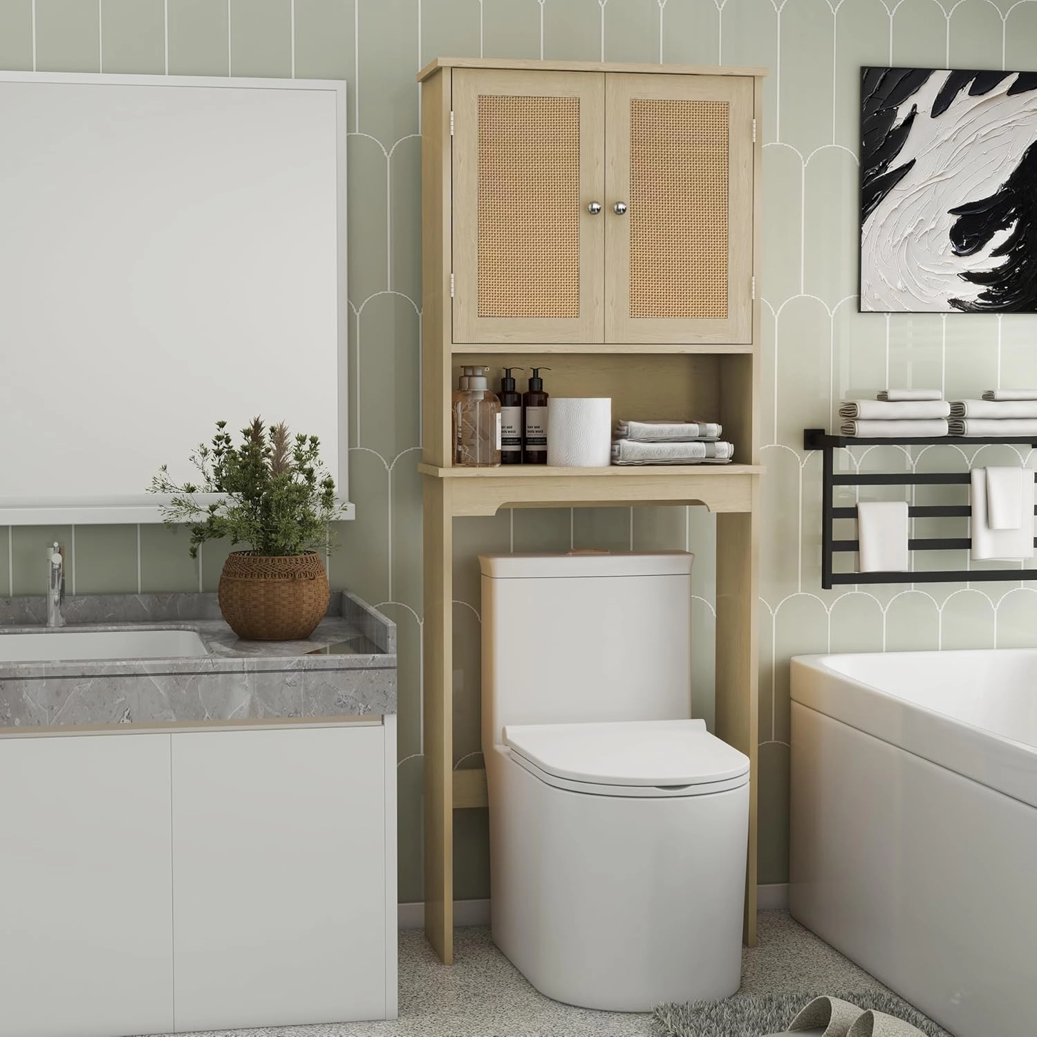 Bathroom Over-The-Toilet Organizer Cabinet with Doors, Above-Toilet Storage, Wooden Shelf