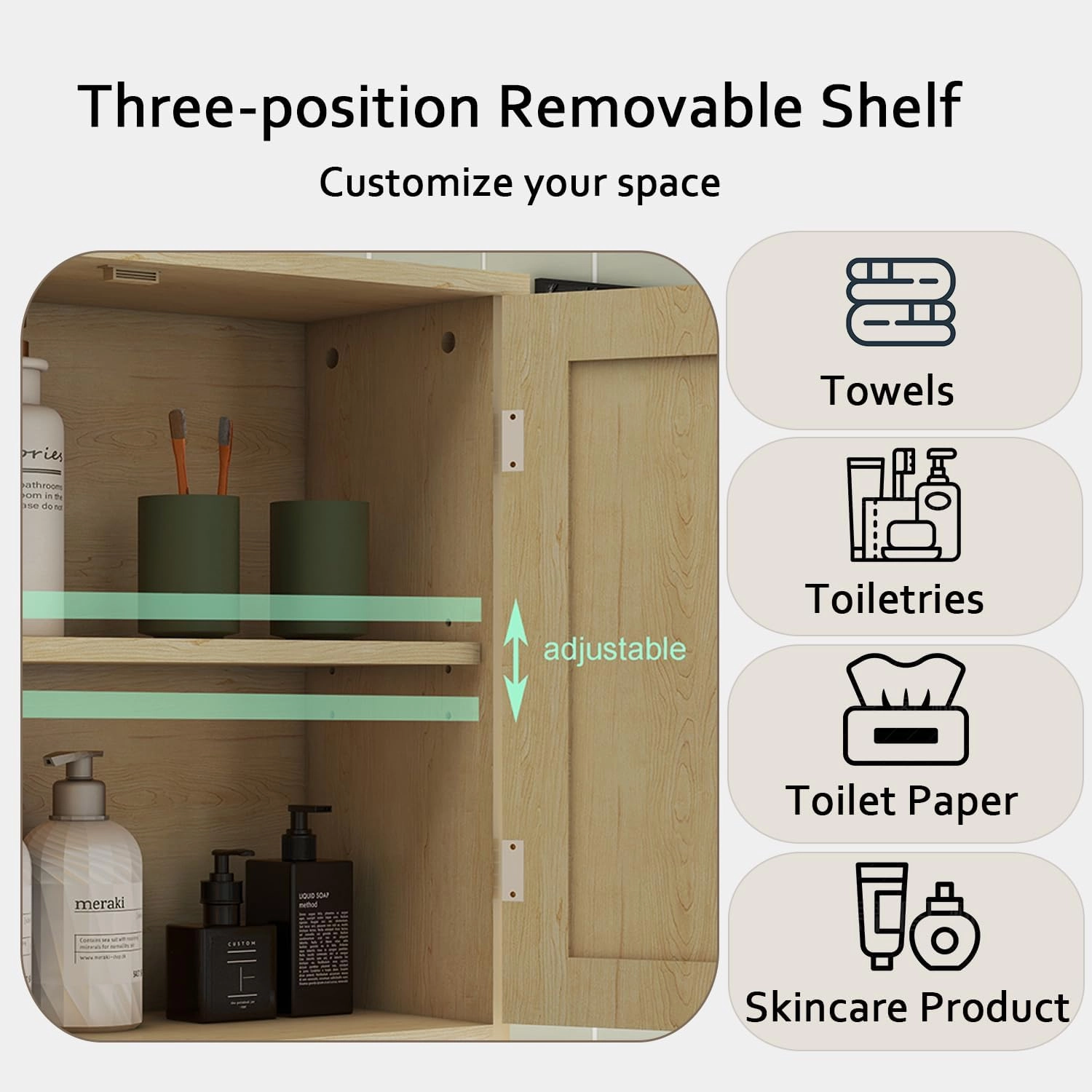 Bathroom Over-The-Toilet Organizer Cabinet with Doors, Above-Toilet Storage, Wooden Shelf