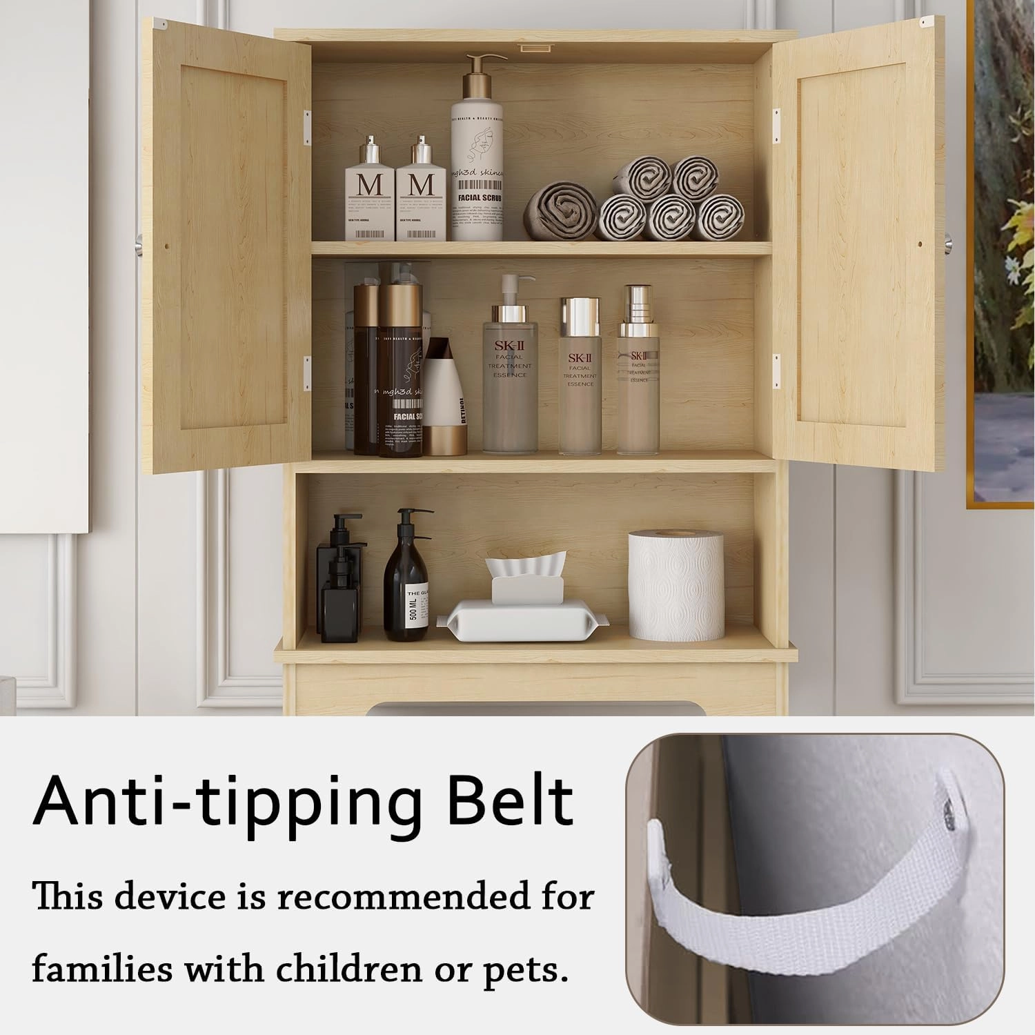 Bathroom Over-The-Toilet Organizer Cabinet with Doors, Above-Toilet Storage, Wooden Shelf