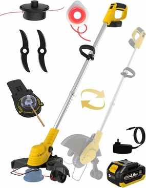 Battery Powered Weed Wacker 0.094″ Dual-Durable-Line Metal Blades, Super Brushless Motor, 4-in-1 Cordless Weed Eater String Trimmer Wheel Edger Lawn Tool Cutter,Weed Whacker(One 4.0Ah Battery)