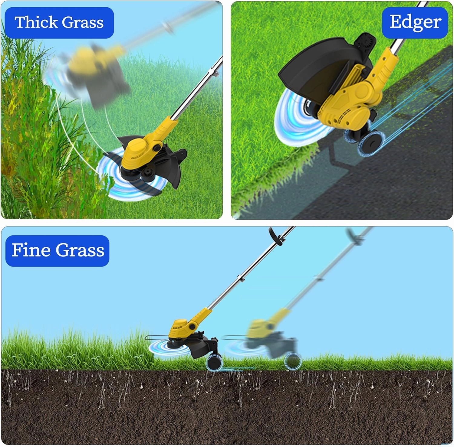 Battery Powered Weed Wacker 0.094″ Dual-Durable-Line Metal Blades, Super Brushless Motor, 4-in-1 Cordless Weed Eater String Trimmer Wheel Edger Lawn Tool Cutter,Weed Whacker(One 4.0Ah Battery)