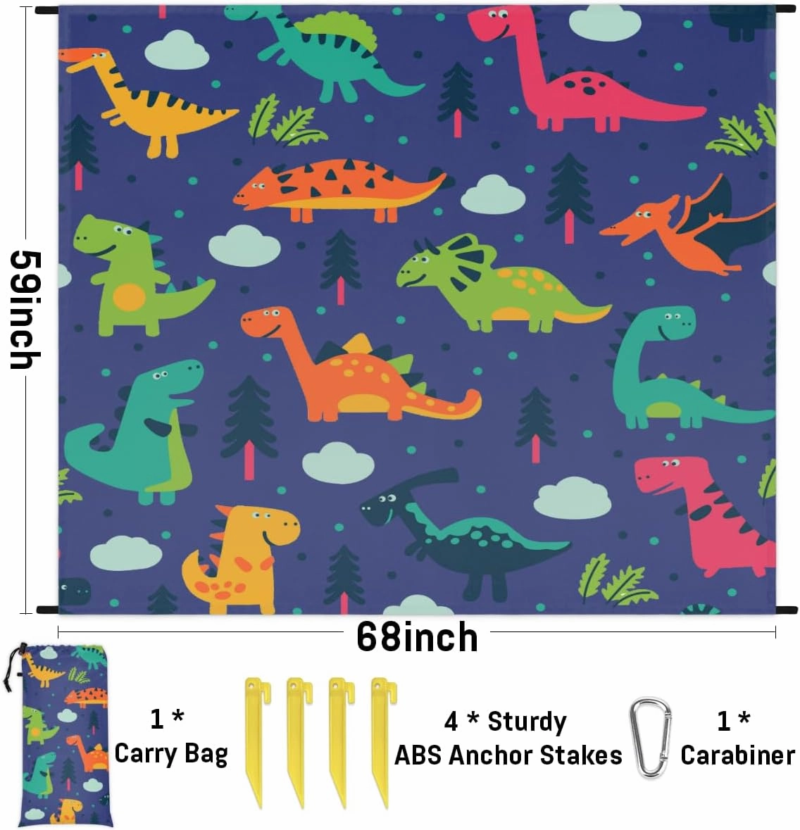 Beach Blanket, Cartoon Dinosaur Sandproof Beach Mat, Waterproof Quick Drying Sand Free Mat with 4 x Ground Spikes for Outdoor Travel Camping Hiking, Funny Cool Dinosaur 68 x 59 in