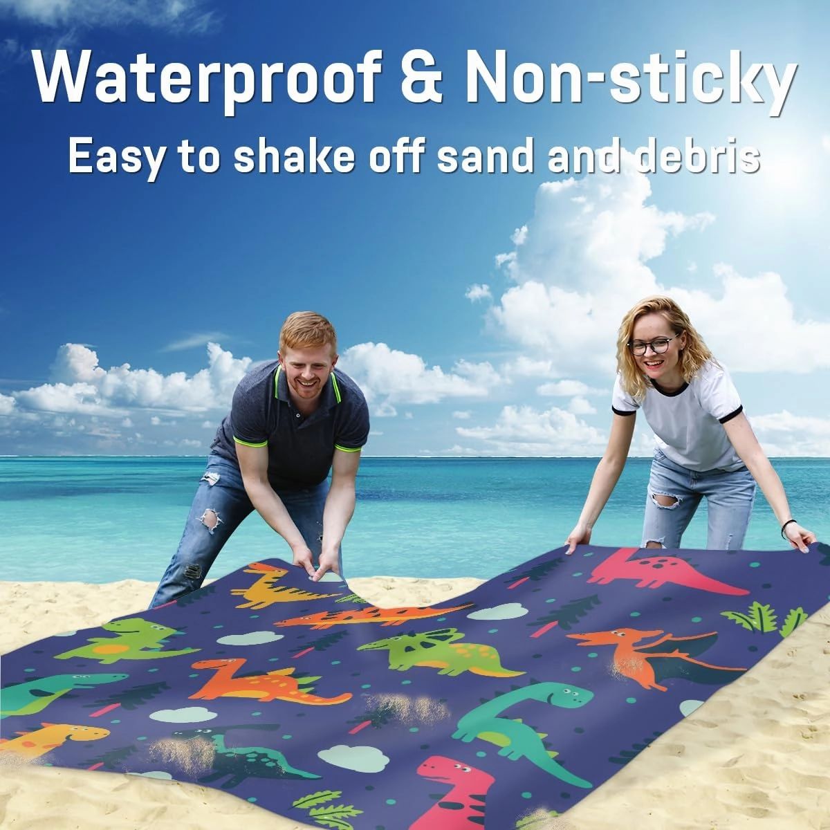 Beach Blanket, Cartoon Dinosaur Sandproof Beach Mat, Waterproof Quick Drying Sand Free Mat with 4 x Ground Spikes for Outdoor Travel Camping Hiking, Funny Cool Dinosaur 68 x 59 in