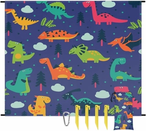Beach Blanket, Cartoon Dinosaur Sandproof Beach Mat, Waterproof Quick Drying Sand Free Mat with 4 x Ground Spikes for Outdoor Travel Camping Hiking, Funny Cool Dinosaur 68 x 59 in