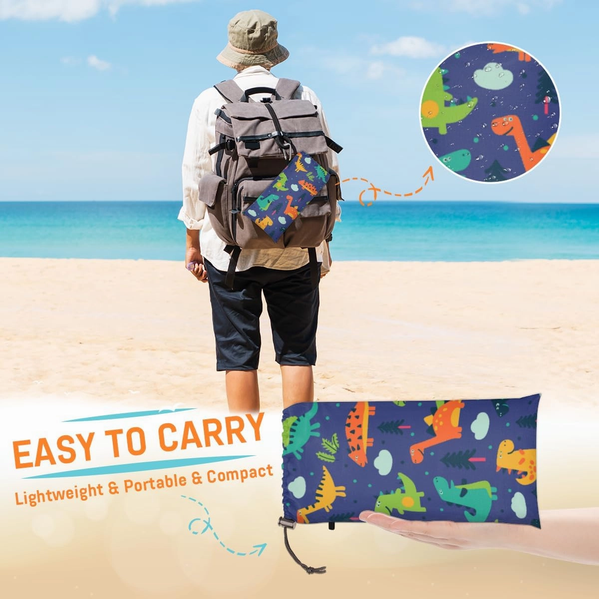 Beach Blanket, Cartoon Dinosaur Sandproof Beach Mat, Waterproof Quick Drying Sand Free Mat with 4 x Ground Spikes for Outdoor Travel Camping Hiking, Funny Cool Dinosaur 68 x 59 in