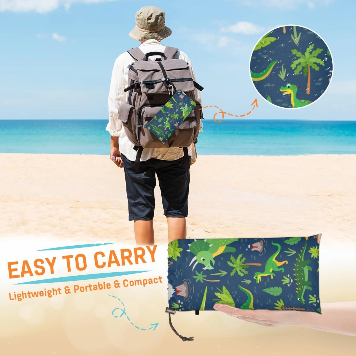 Beach Blanket, Dinosaur Sandproof Beach Mat, Waterproof Quick Drying Sand Free Mat with 4 x Ground Spikes for Outdoor Travel Camping Hiking, Wild Dinosaur 68 x 59 in