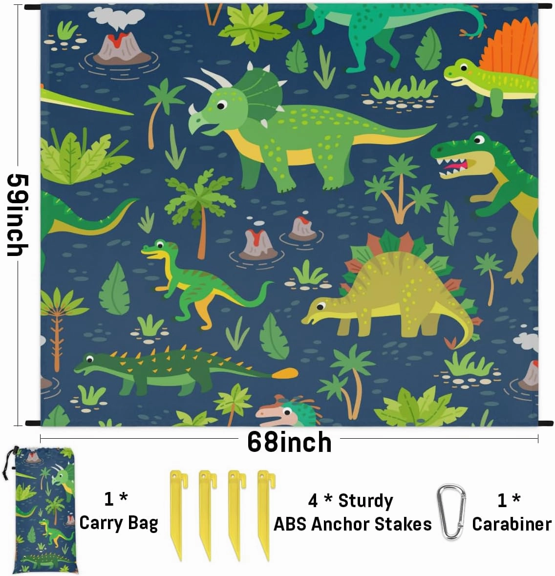 Beach Blanket, Dinosaur Sandproof Beach Mat, Waterproof Quick Drying Sand Free Mat with 4 x Ground Spikes for Outdoor Travel Camping Hiking, Wild Dinosaur 68 x 59 in