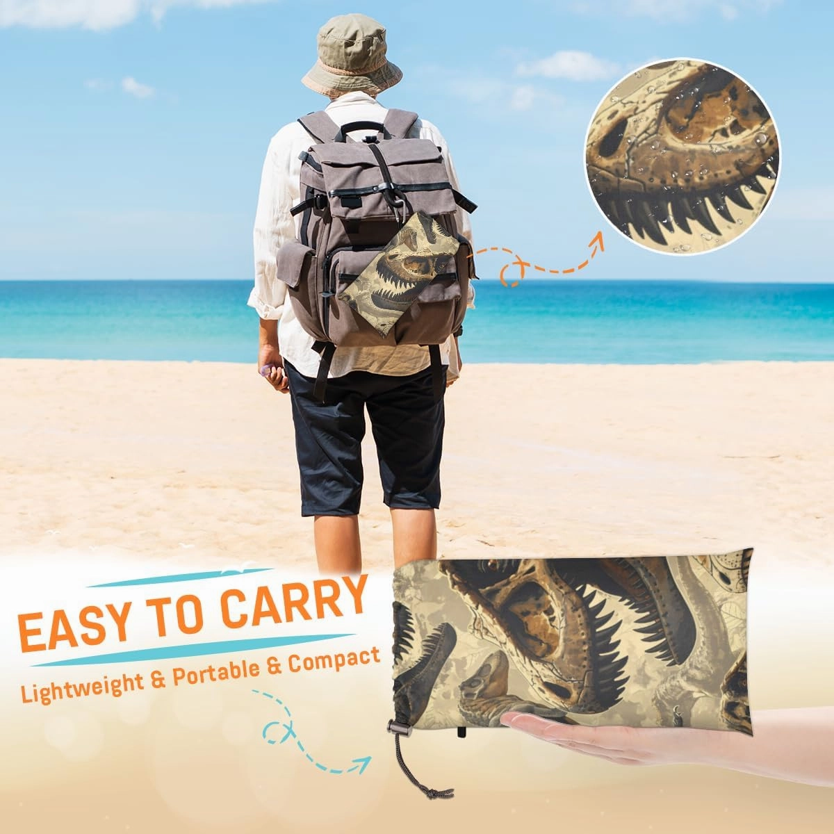 Beach Blanket, Dinosaur Skull Sandproof Beach Mat, Waterproof Quick Drying Sand Free Mat with 4 x Ground Spikes for Outdoor Travel Camping Hiking, Animal Skull 68 x 59 in