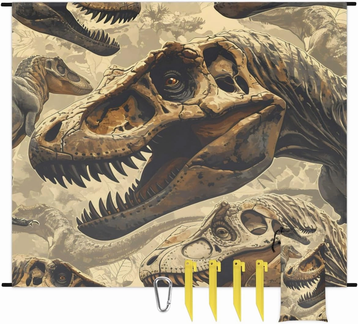 Beach Blanket, Dinosaur Skull Sandproof Beach Mat, Waterproof Quick Drying Sand Free Mat with 4 x Ground Spikes for Outdoor Travel Camping Hiking, Animal Skull 68 x 59 in