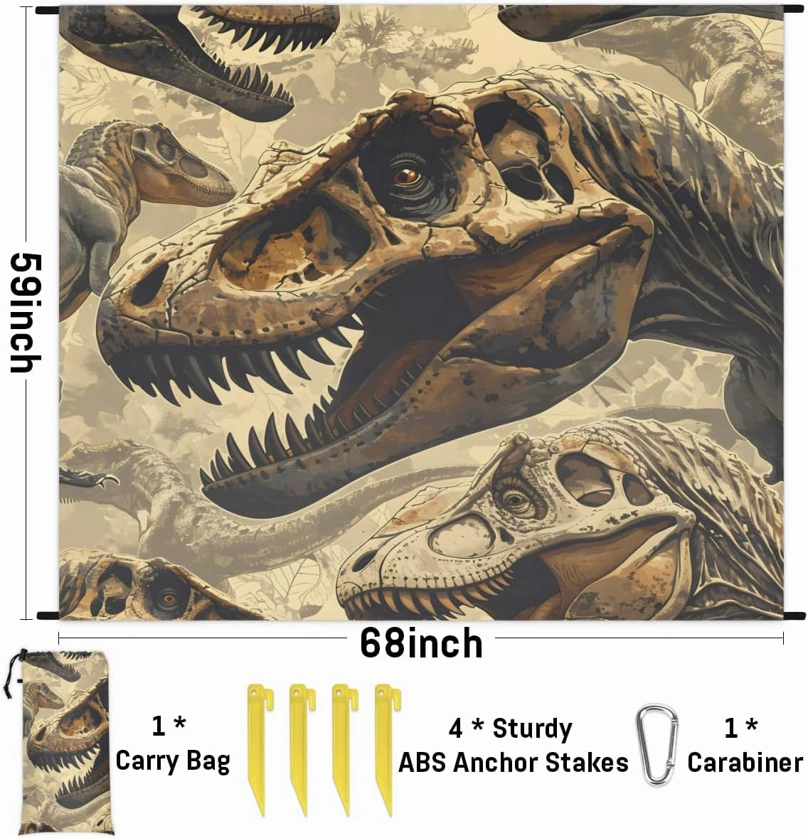 Beach Blanket, Dinosaur Skull Sandproof Beach Mat, Waterproof Quick Drying Sand Free Mat with 4 x Ground Spikes for Outdoor Travel Camping Hiking, Animal Skull 68 x 59 in