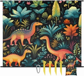Beach Blanket, Tropical Dinosaurs Sandproof Beach Mat, Waterproof Quick Drying Sand Free Mat with 4 x Ground Spikes for Outdoor Travel Camping Hiking, Watercolor Dinosaur 68 x 59 in