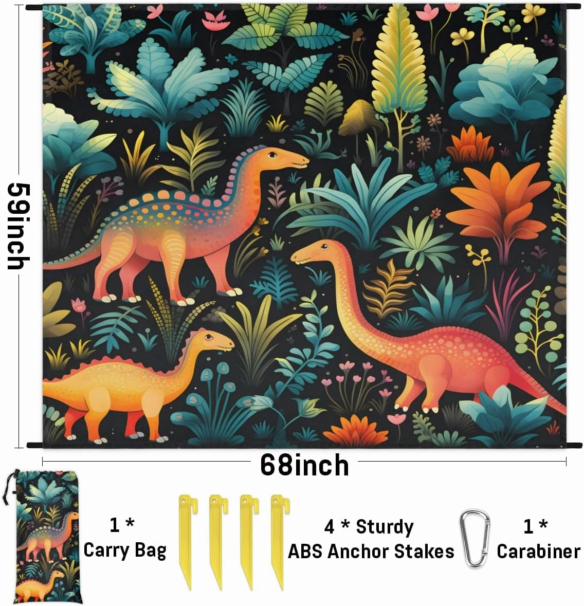 Beach Blanket, Tropical Dinosaurs Sandproof Beach Mat, Waterproof Quick Drying Sand Free Mat with 4 x Ground Spikes for Outdoor Travel Camping Hiking, Watercolor Dinosaur 68 x 59 in