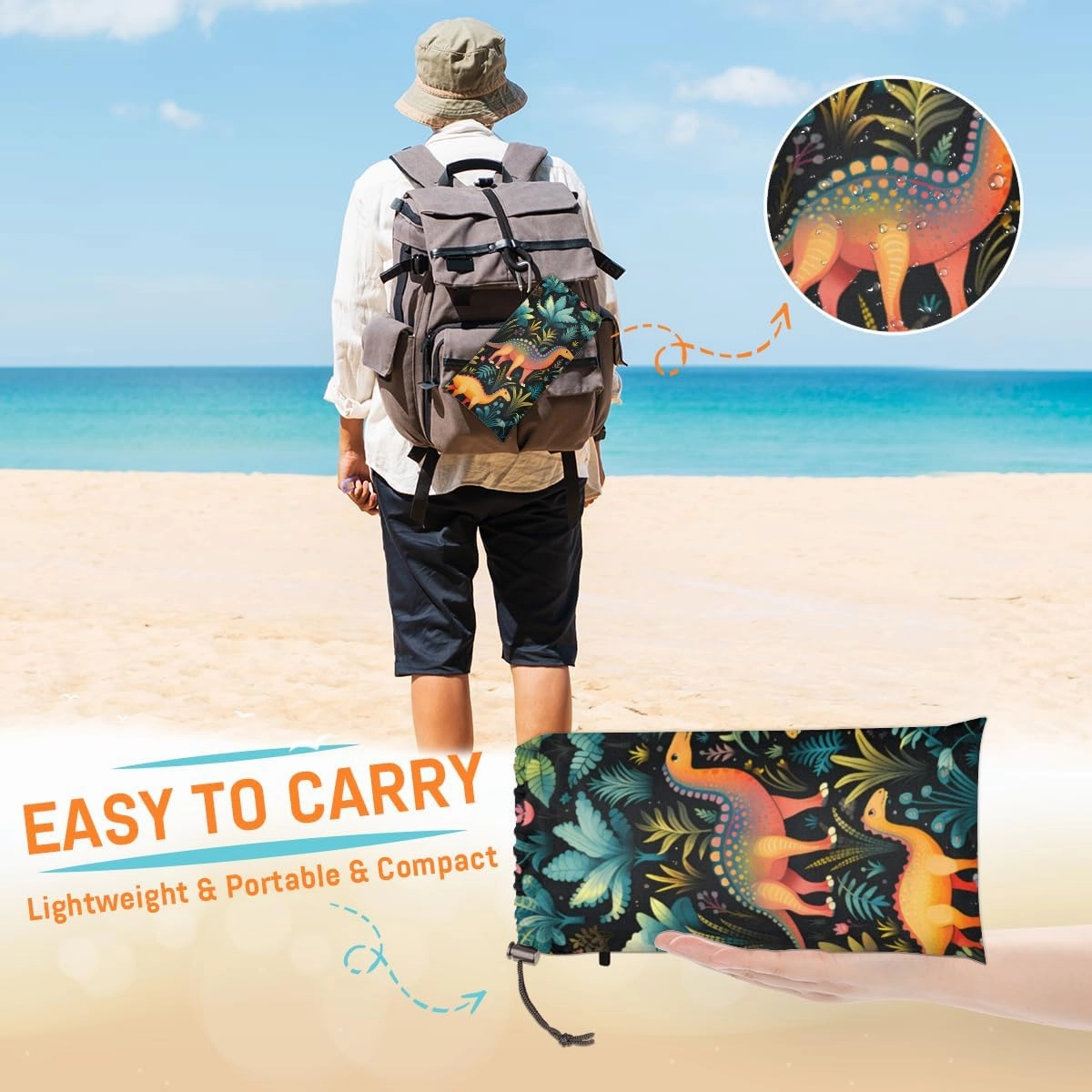Beach Blanket, Tropical Dinosaurs Sandproof Beach Mat, Waterproof Quick Drying Sand Free Mat with 4 x Ground Spikes for Outdoor Travel Camping Hiking, Watercolor Dinosaur 68 x 59 in