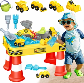 BELLOCHIDDO Sand and Water Table for Toddlers - Summer Toys with 4 Construction Trucks, Portable Outdoor Sandbox Activity Table, Beach Toys for Boys & Girls