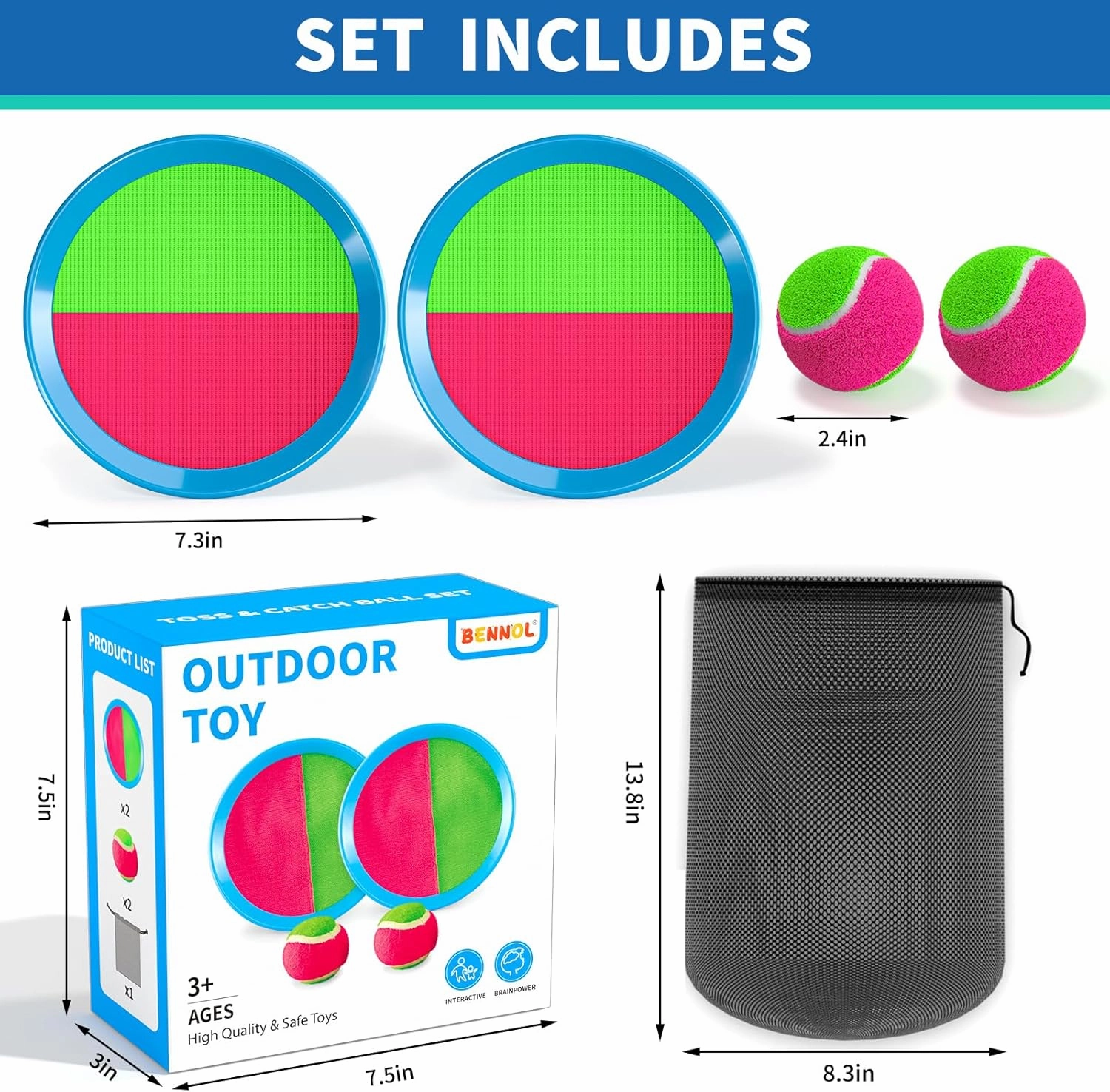 Bennol Toss and Catch Ball Game Outdoor Toys for Kids with 2 Paddle, 2 Balls and A Storage Bag,Outdoor Outside Games Toys for Kids Ages 3 4 5 6 7 8 9 10, Yard Backyard Games Beach Toys Outside Games