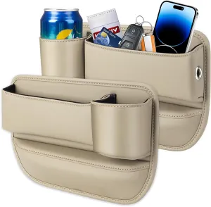 Berimat for Car Leather Cup Holder Gap Space Bag Car Seat Gap Filler Organizer Leather Seat Storage Box with Cup Holder Universal Adjustable Gap Bag for Phones Cards (Beige, A pair)