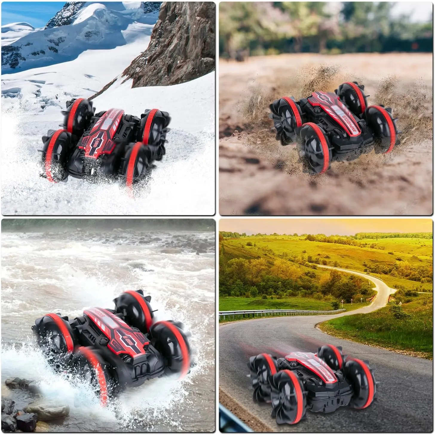 Berry President Amphibious RC Car, 2.4GHz Off-Road Stunt Truck, All Terrain 4WD Remote Control Toy, Land Water Vehicle with 360° Rotation for Kids (Red)
