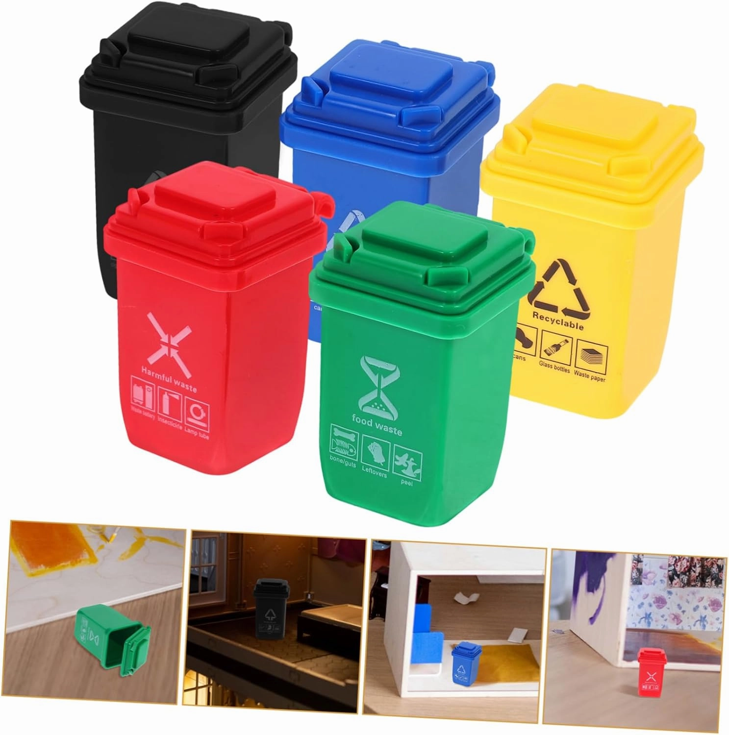 BESTonZON 6sets Miniature Dollhouse Trash Can Mini Trash Can Models for Scene Decoration for Home Decor and Educational Use Cute Design 5pcs*6