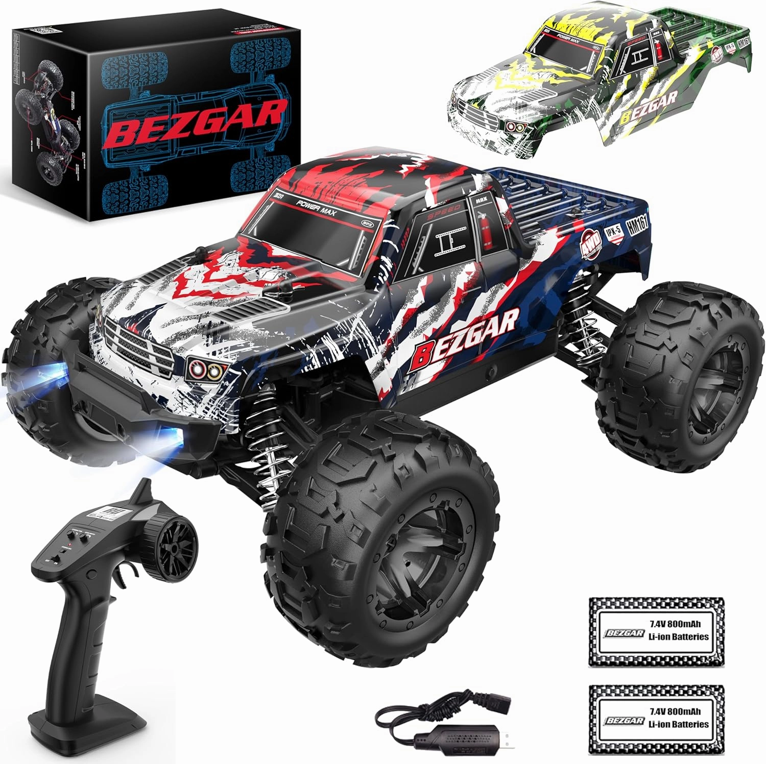 BEZGAR HM161 Hobby Grade 1:16 Scale Remote Control Truck, 4WD High Speed 40  Kmh All Terrains Electric Toy Off Road RC Vehicle Car Crawler with 2 Rechargeable Batteries for Boys Kids and Adults