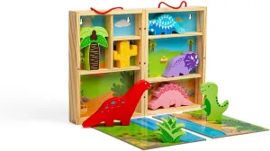 Bigjigs Toys Dinosaur Play Box - Wooden Playset with 5 Dinosaurs & 2 Fold-Out Play Mats, Portable Dinosaur Toy Wooden Dolls House, Montessori Toys for 18 Months  , Dinosaur Roleplay Toy