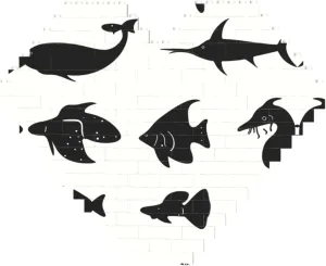 Black and White Fish Print Building Brick Block Puzzle - Heart Shaped Picture Puzzles, Wooden Picture Jigsaw Puzzles