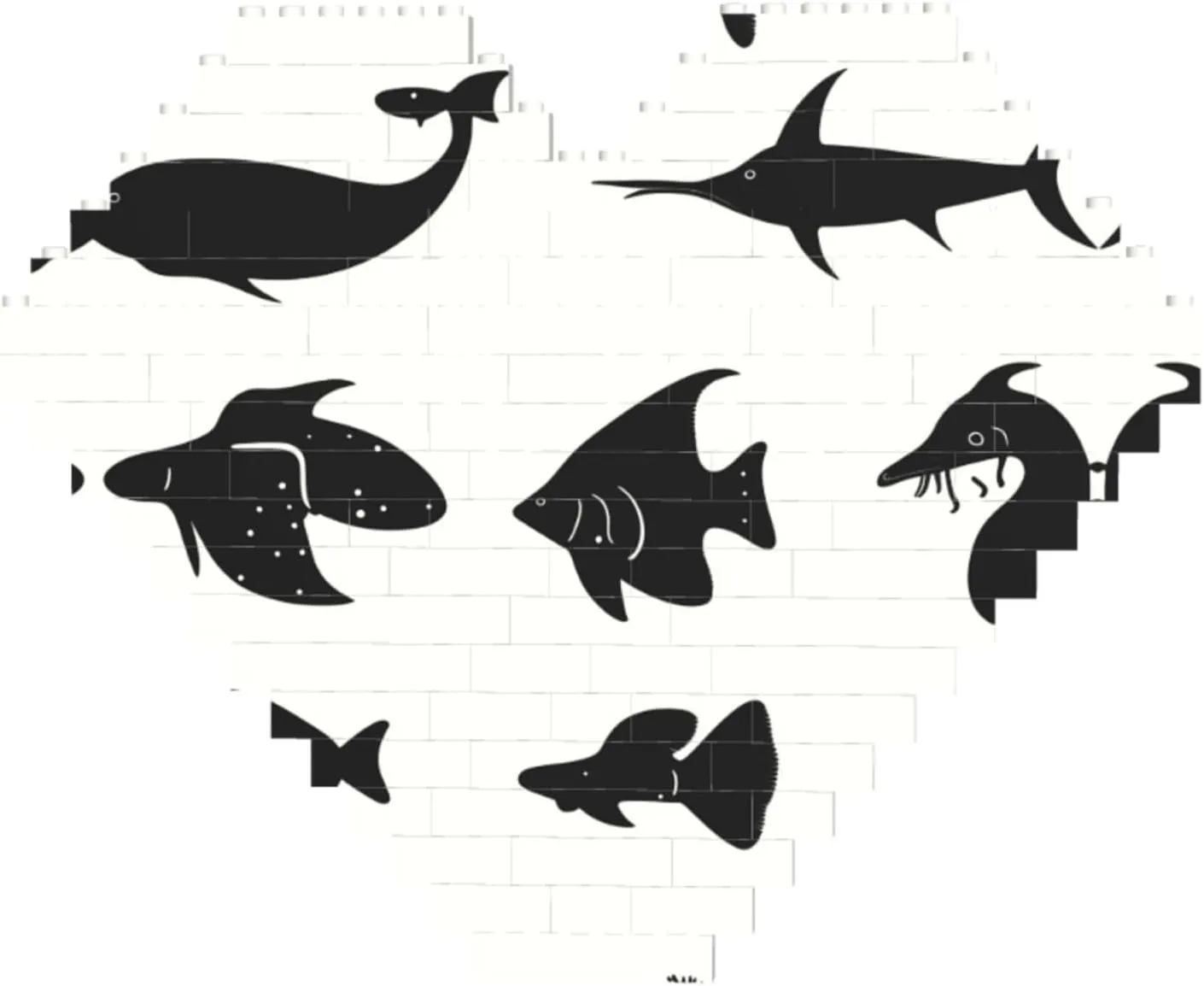 Black and White Fish Print Building Brick Block Puzzle - Heart Shaped Picture Puzzles, Wooden Picture Jigsaw Puzzles