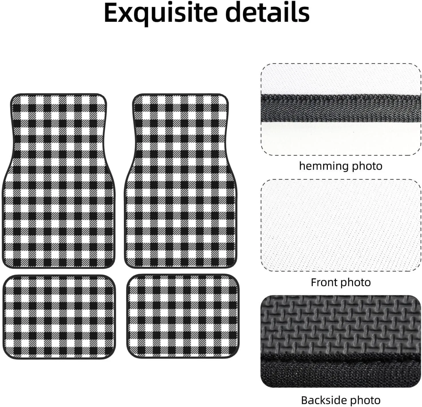 Black Plaid Car Front and Rear Floor Mats, Anti Slip Car Mats, Complete Set of 4 Carpets, All Weather Protection