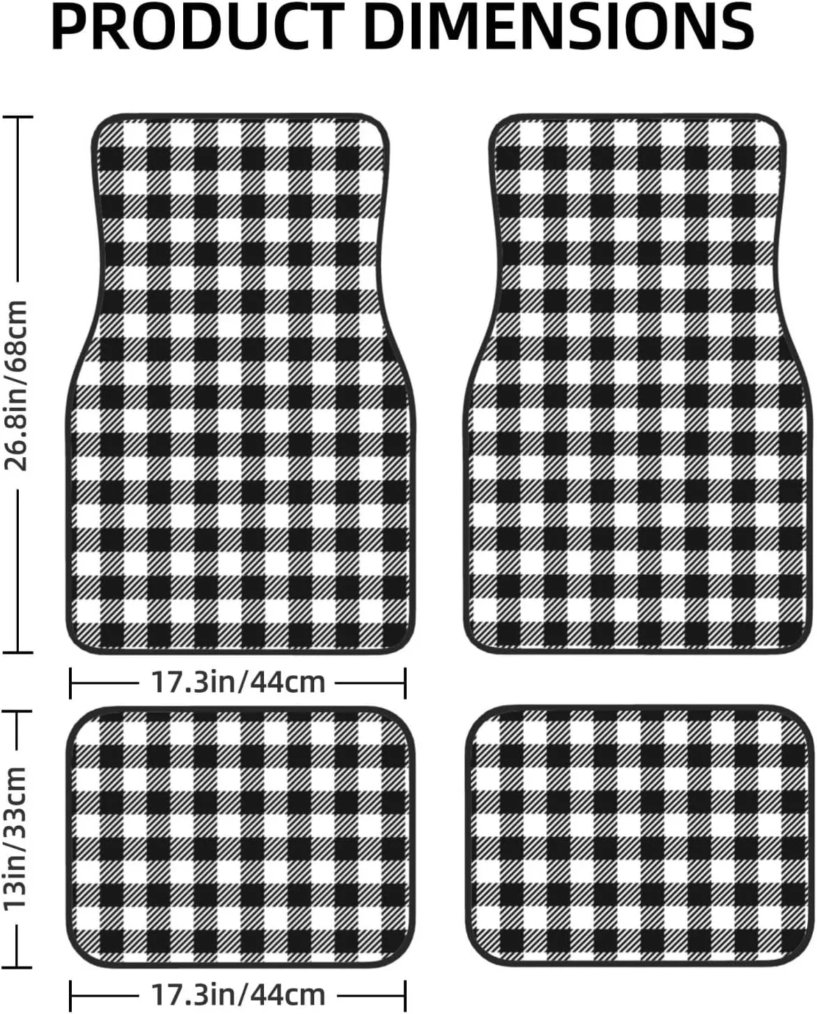 Black Plaid Car Front and Rear Floor Mats, Anti Slip Car Mats, Complete Set of 4 Carpets, All Weather Protection