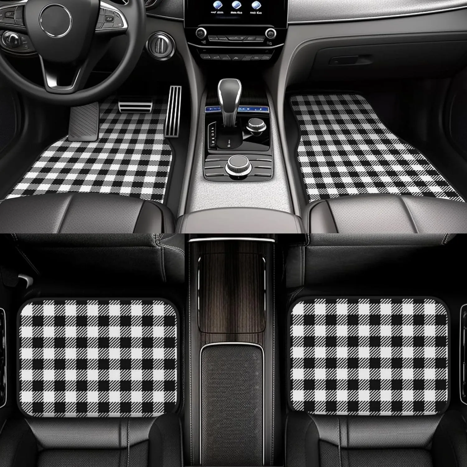 Black Plaid Car Front and Rear Floor Mats, Anti Slip Car Mats, Complete Set of 4 Carpets, All Weather Protection