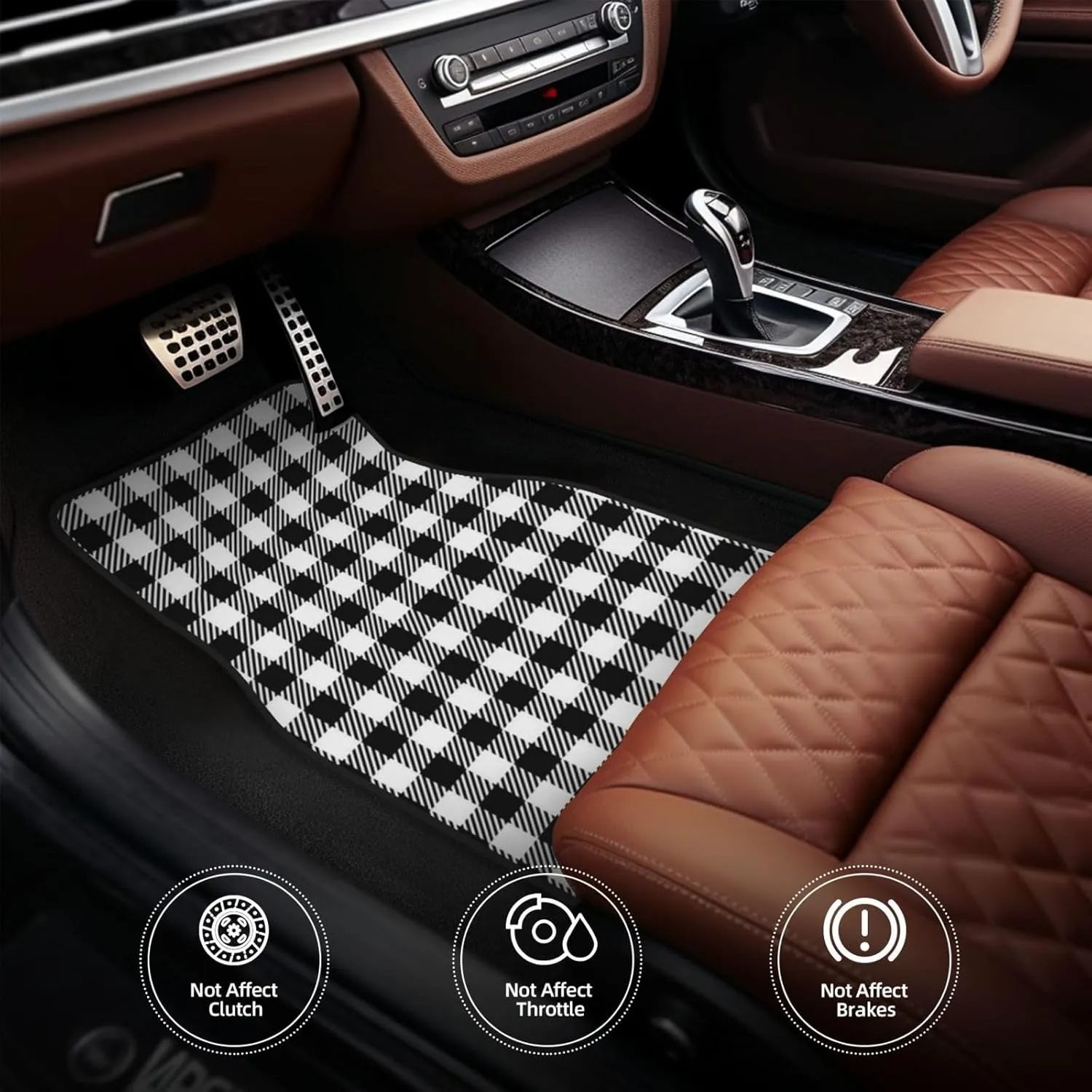 Black Plaid Car Front and Rear Floor Mats, Anti Slip Car Mats, Complete Set of 4 Carpets, All Weather Protection