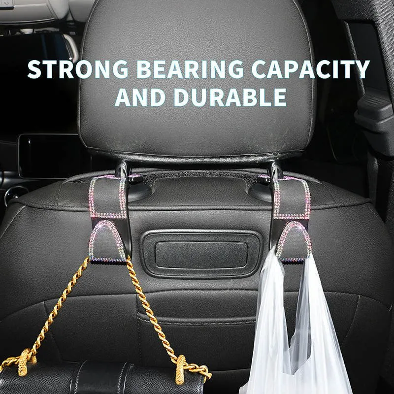 Bling Car Seat Headrest Hooks, Crystal Back Seat Hanger Storage Organizer, Sparkling Car SUV Purse Holder for Handbag Clothes Coats Grocery Bags, Handmade Decorations and Accessories for Women(Silver)