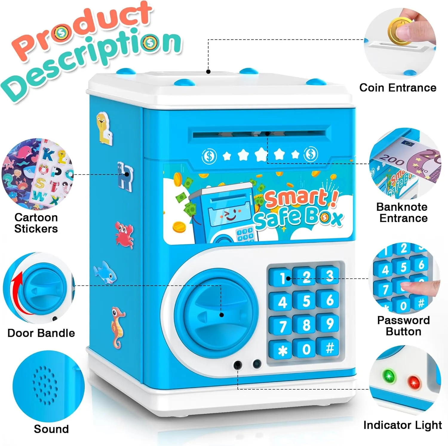 Blue Piggy Bank for Kids, Electronic Coin Money Bank, Children's Safe Money Jar Toy Age 4 7 8 9 10 11 with Password Code Lock and Auto Grab Bill Slot, Great B-Day Xmas Toy Gifts for Kids