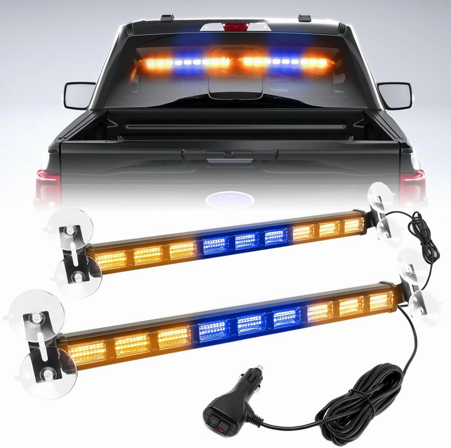 BooYu [Upgraded Switchable 4 Colors Emergency Strobe Traffic Advisor Light Bar 162 LED Windshield 2 in 1 Visor Safety Warning Hazard Flashing Lights for Firefighter Police Truck Vehicle (Amber/Blue)